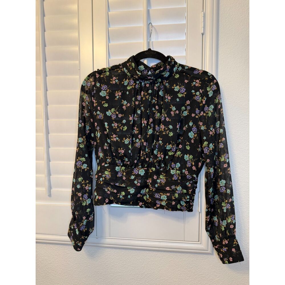 Zara Floral Mock Neck Long Sleeve Chiffon Blouse Black Size Large L